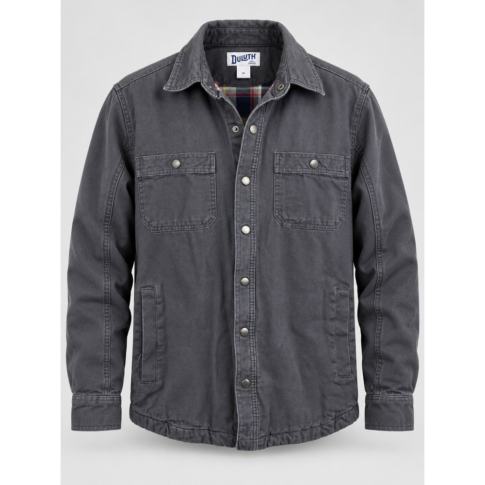 Duluth Trading Canvas Shirt Jacket Mens M Gray Flannel Lined Snap Front Shacket
